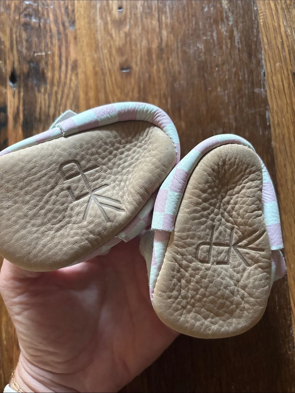Freshly Picked Pink & White Checkerboard Bow Baby Moccasins size 1